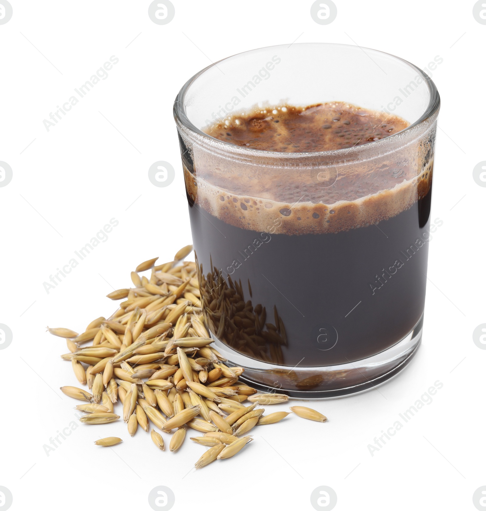 Photo of Cup of barley coffee and grains isolated on white