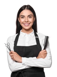 Photo of Portrait of happy hairdresser with professional scissors and vent brush on white background