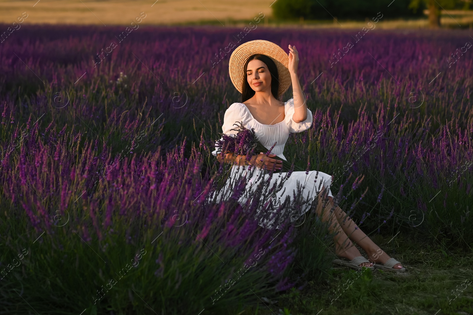 Photo of Beautiful young woman with bouquet sitting in lavender field at sunset