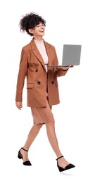Photo of Beautiful happy businesswoman using laptop on white background
