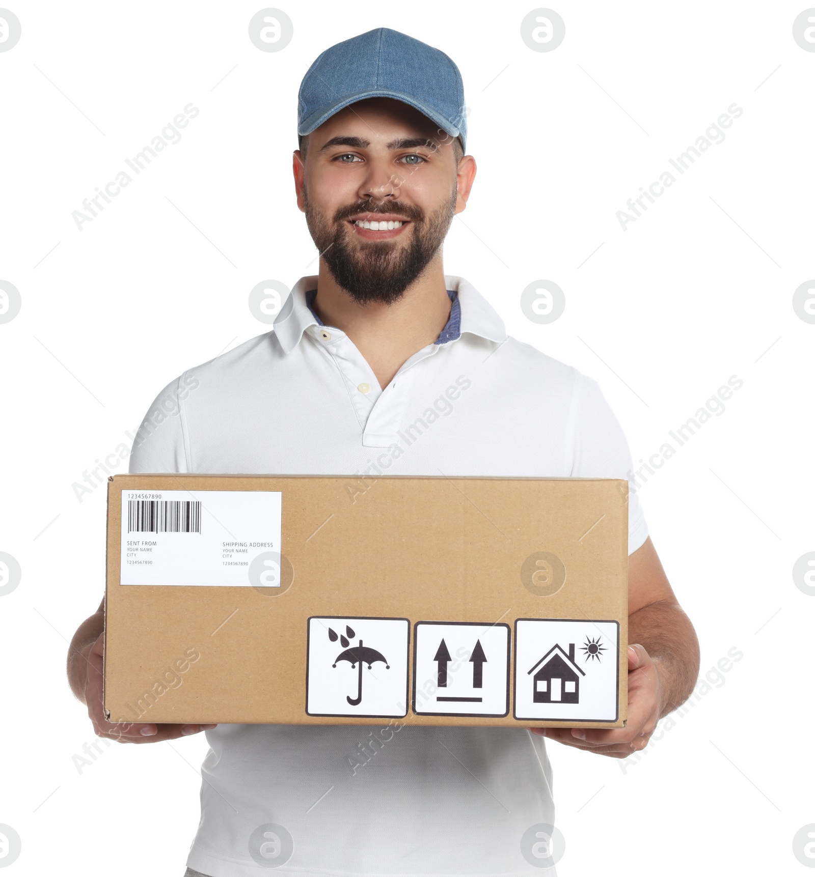 Photo of Courier holding cardboard box on white background