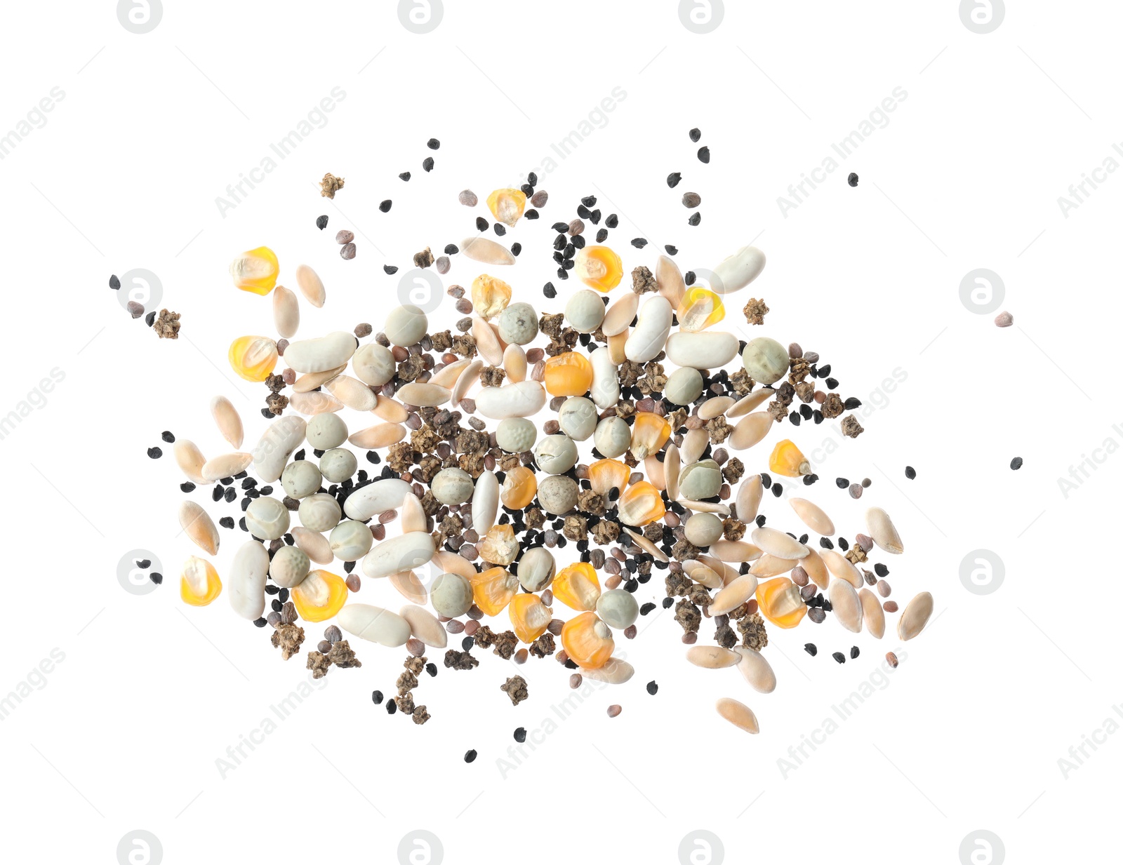 Photo of Mix of vegetable seeds on white background, top view