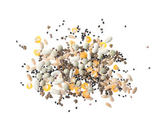 Mix of vegetable seeds on white background, top view