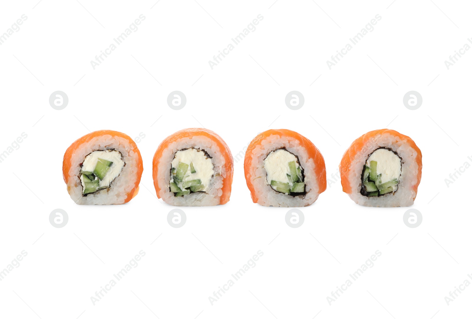 Photo of Fresh delicious sushi rolls on white background