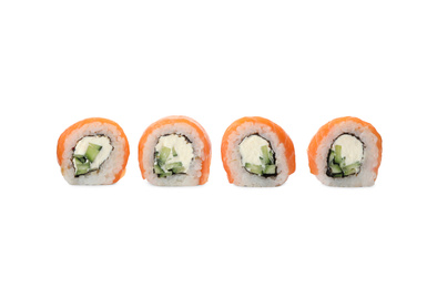 Fresh delicious sushi rolls on white background