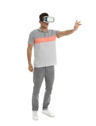 Man using virtual reality headset on white background