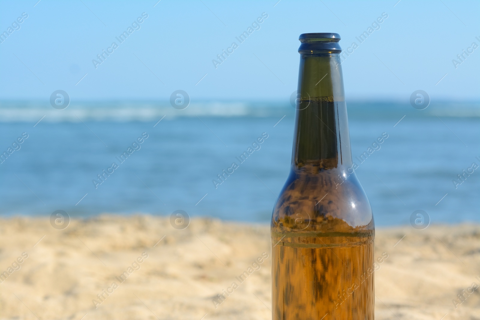 Photo of Bottle of beer on beach near sea, closeup. Space for text