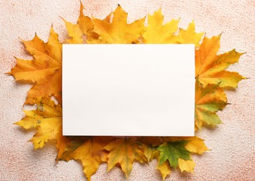 Autumn leaves and blank card on color background, flat lay. Space for text
