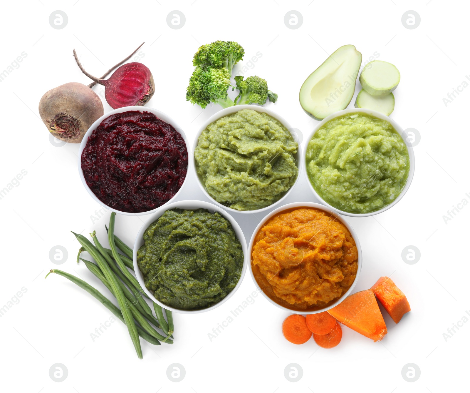Photo of Different delicious puree in bowls and fresh ingredients on white background, top view. Healthy food