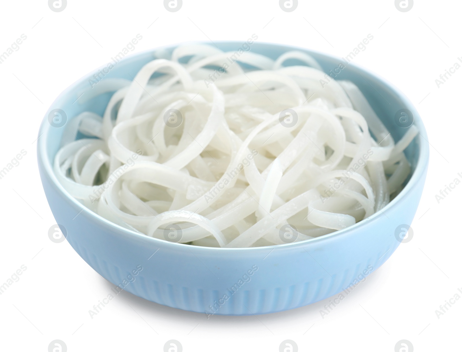 Photo of Bowl of tasty cooked rice noodles isolated on white