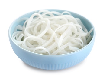 Bowl of tasty cooked rice noodles isolated on white