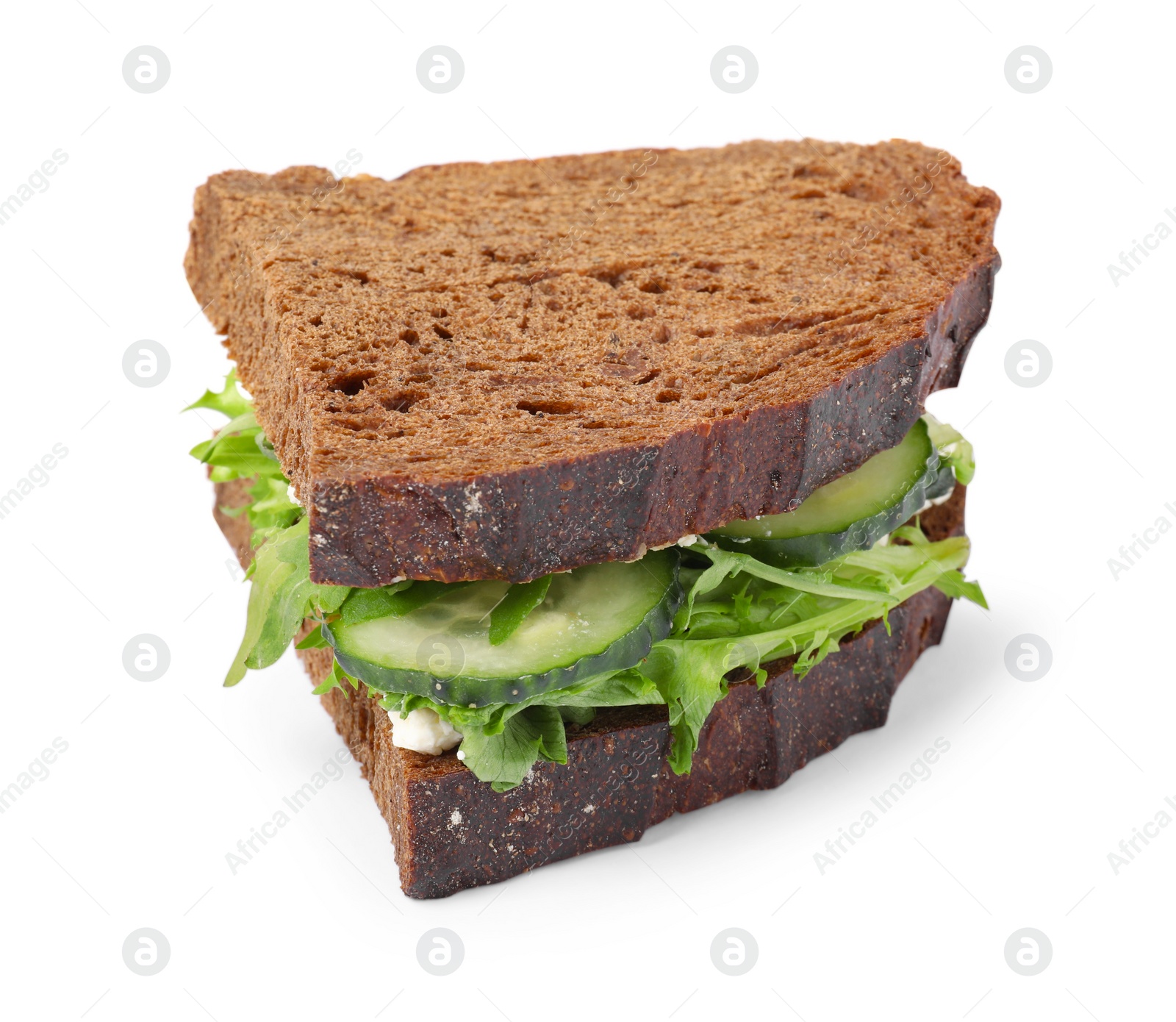 Photo of Tasty sandwich with cream cheese, cucumber and greens on white background