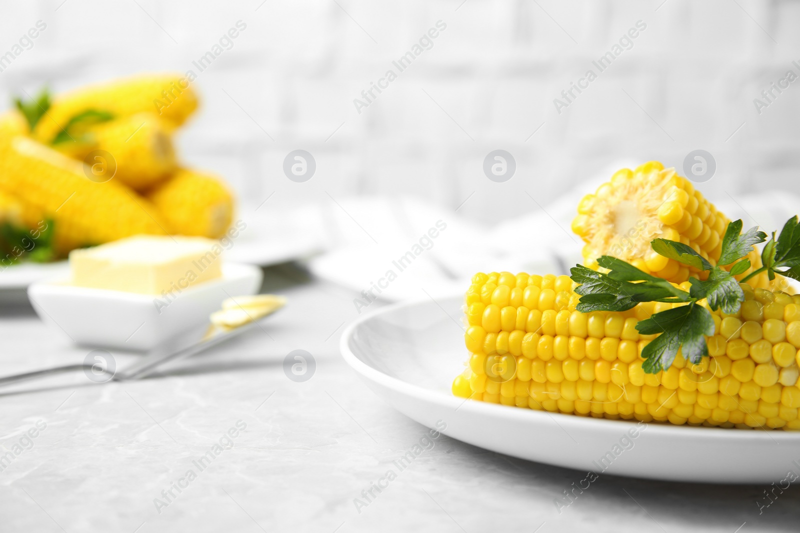 Photo of Plate of boiled corn cobs and parsley on light grey marble table, closeup. Space for text