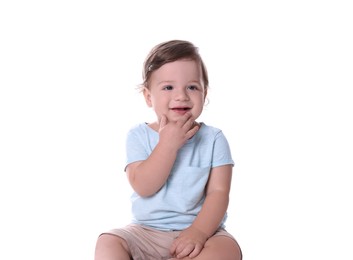 Photo of Cute little boy isolated on white. Adorable child