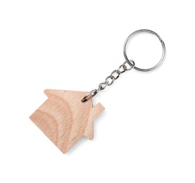 Wooden keychain in shape of house isolated on white, top view