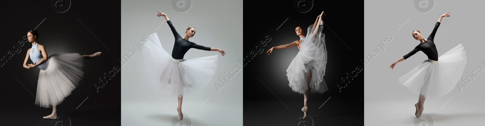 Image of Ballerina practicing dance moves on color backgrounds, set of photos