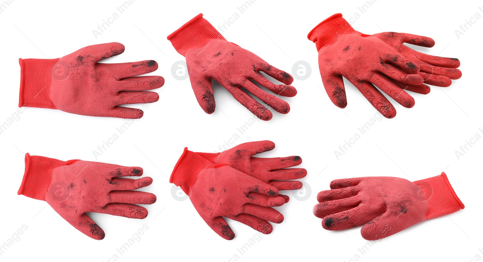 Image of Dirty gardening gloves isolated on white, set