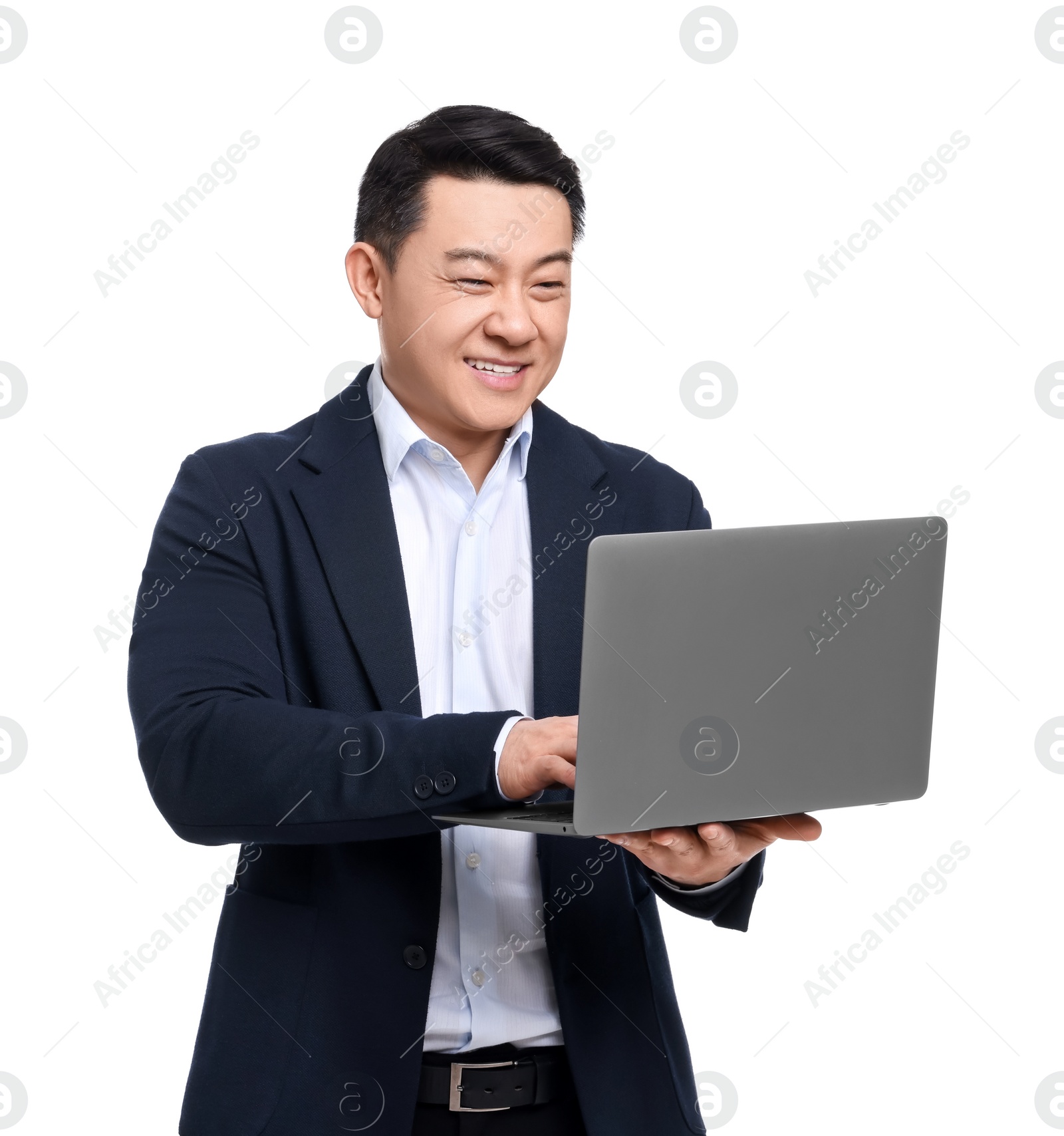 Photo of Businessman in suit with laptop on white background