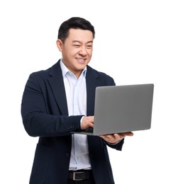 Photo of Businessman in suit with laptop on white background