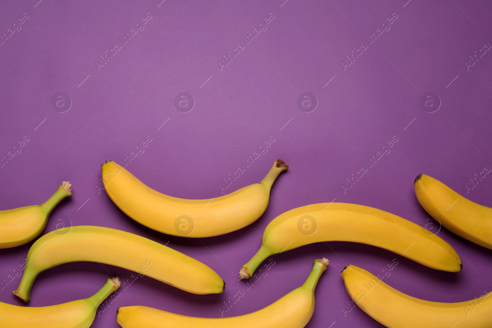 Photo of Ripe yellow bananas on purple background, flat lay. Space for text