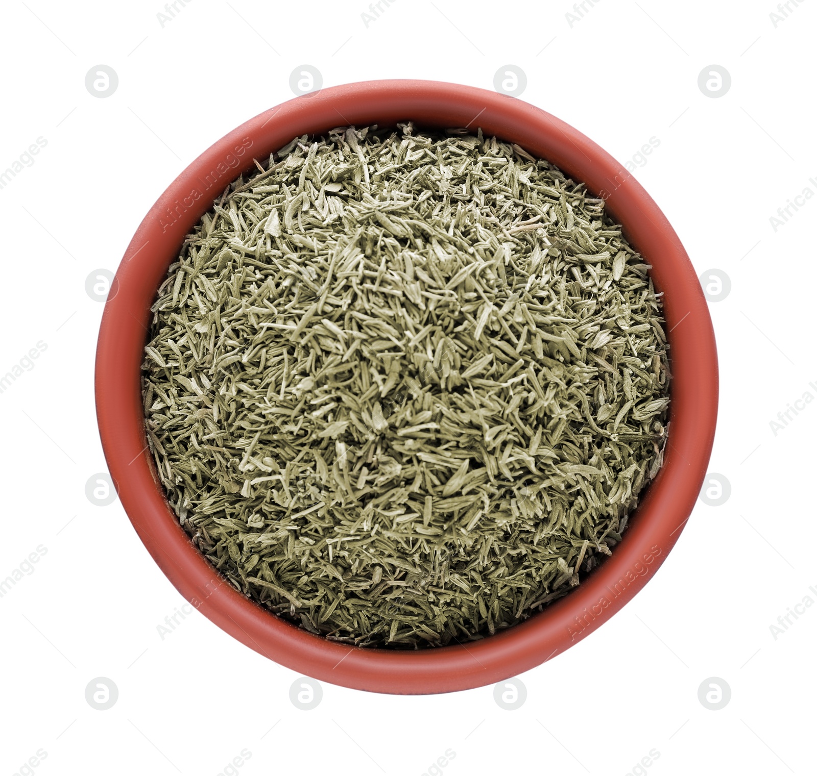 Photo of Bowl with dried thyme isolated on white, top view