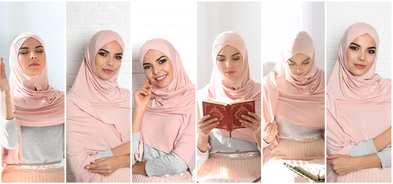 Collage with photos of young Muslim woman on different color backgrounds. Banner design 