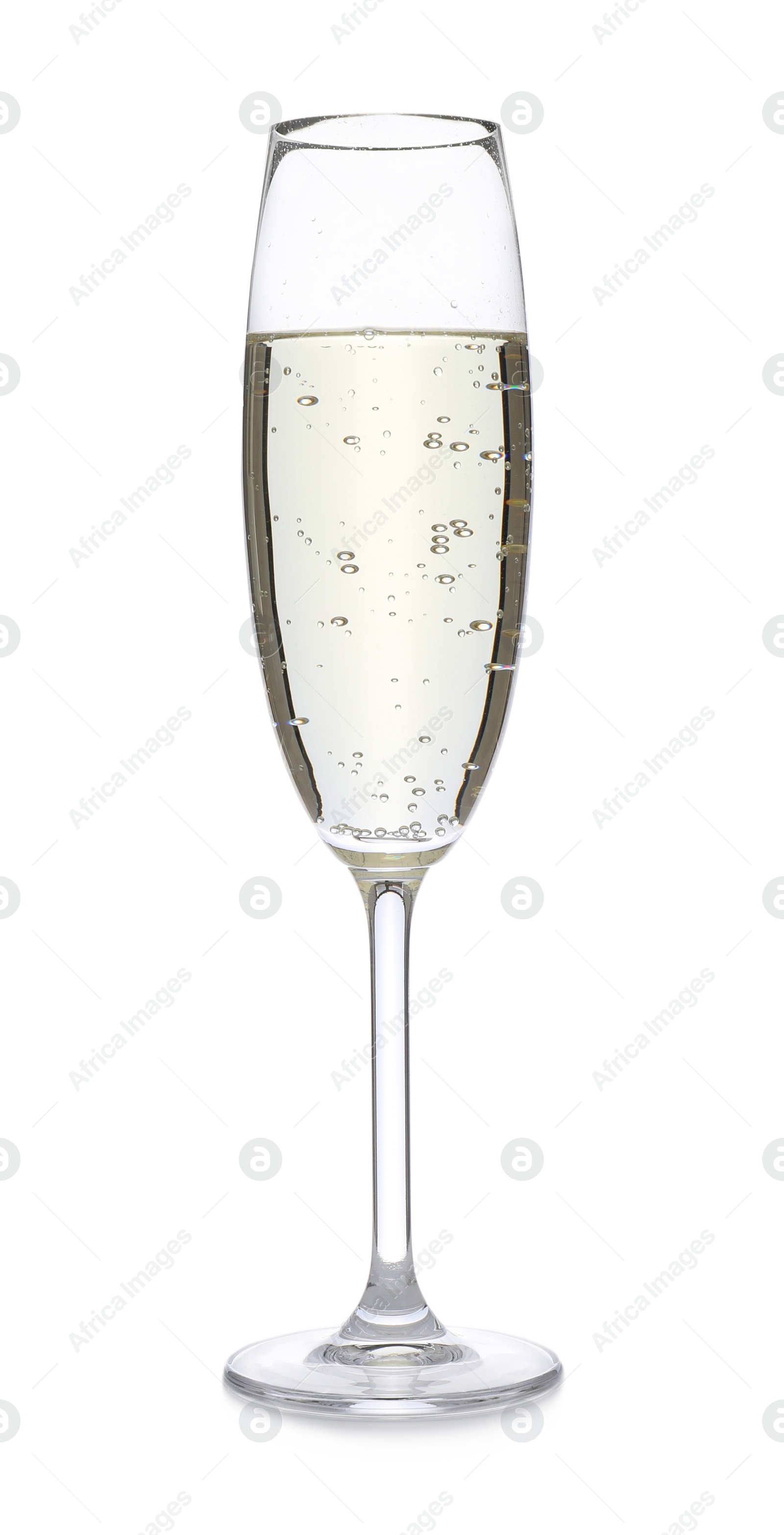 Photo of Crystal clear flute with champagne isolated on white