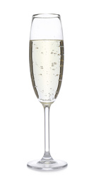 Photo of Crystal clear flute with champagne isolated on white