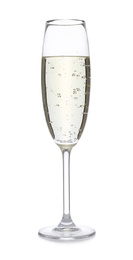 Crystal clear flute with champagne isolated on white