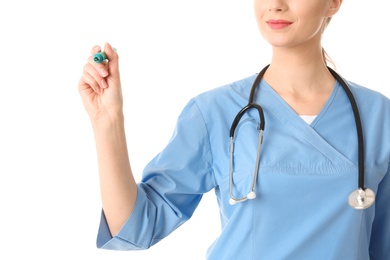 Photo of Medical student with marker on white background, closeup