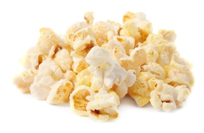 Photo of Fresh popcorn isolated on white. Tasty snack