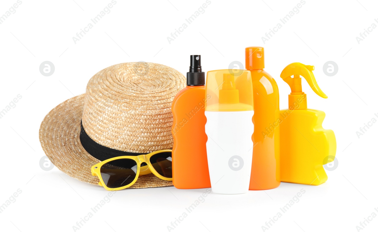 Photo of Composition with sun protection products on white background. Body care