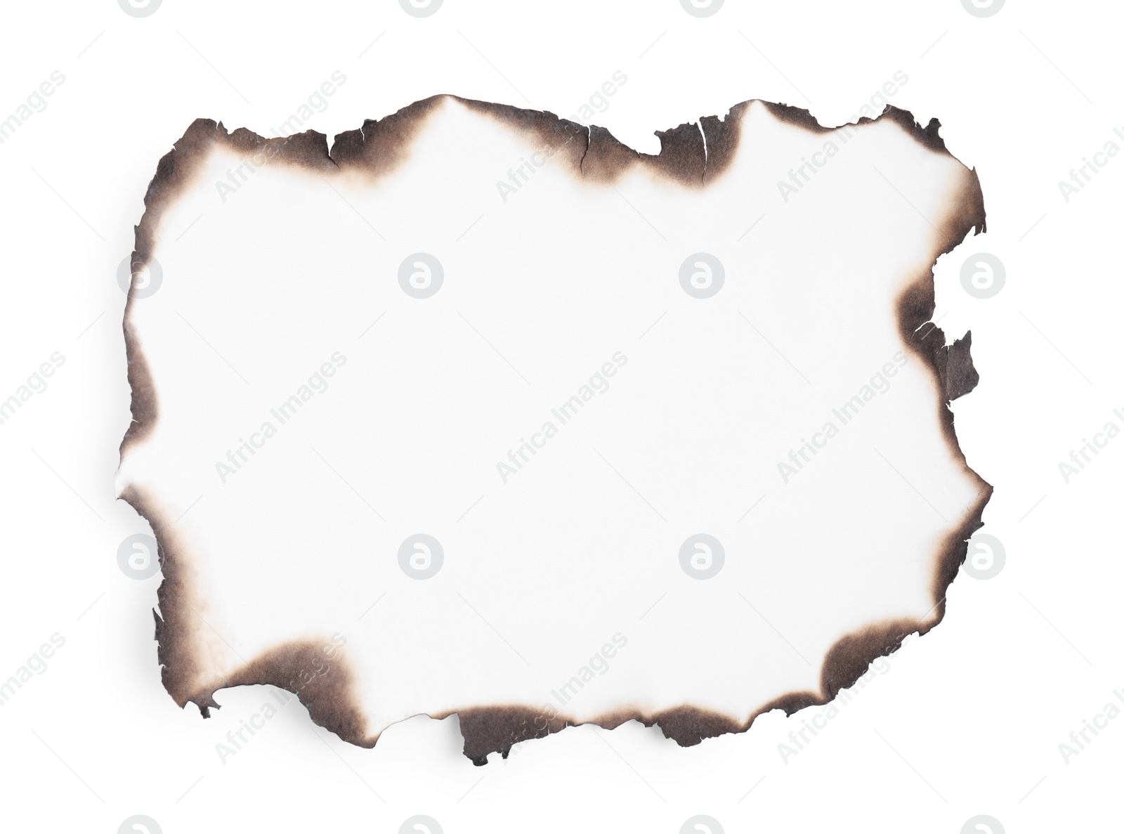 Photo of Piece of paper with dark burnt borders on white background, top view. Space for text