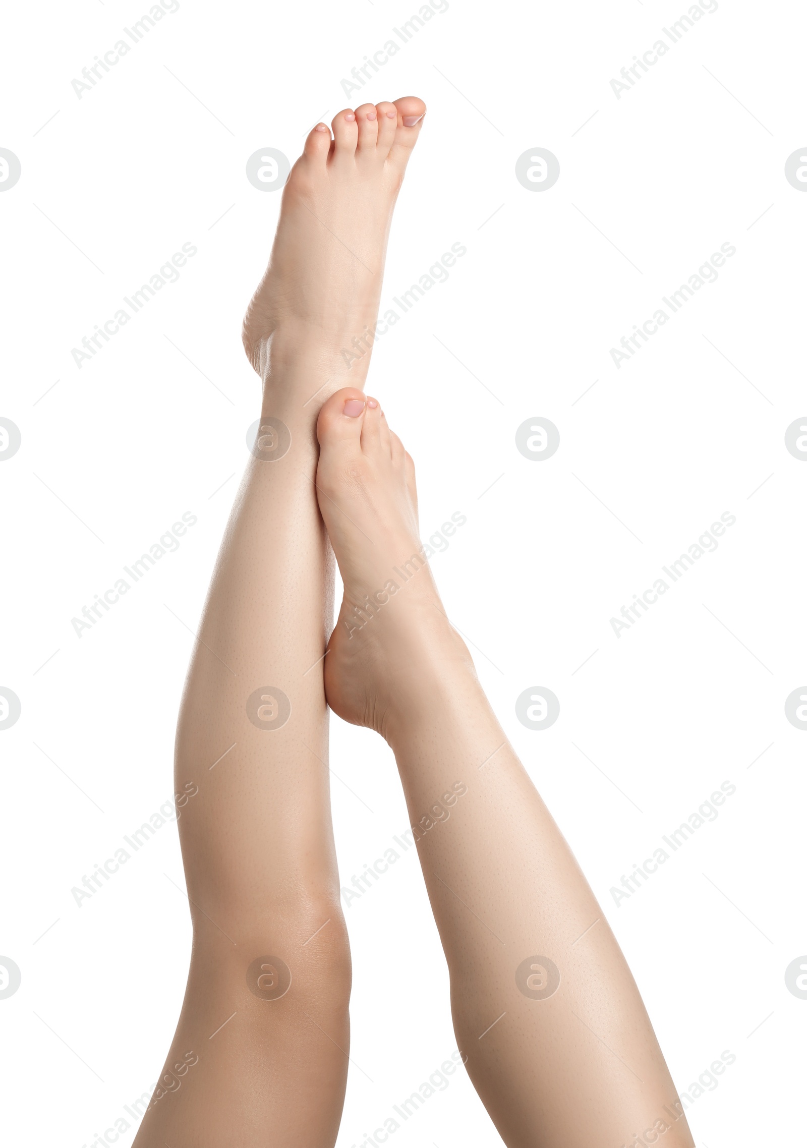 Photo of Woman with beautiful legs isolated on white, closeup