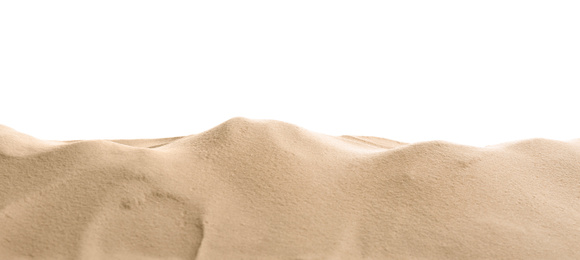 Photo of Heap of dry beach sand on white background