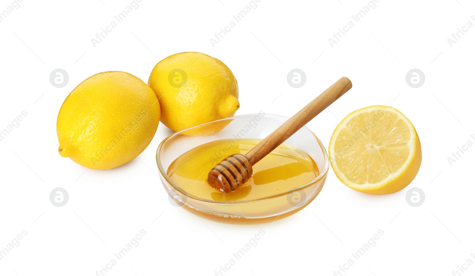 Photo of Sweet honey and fresh lemons isolated on white