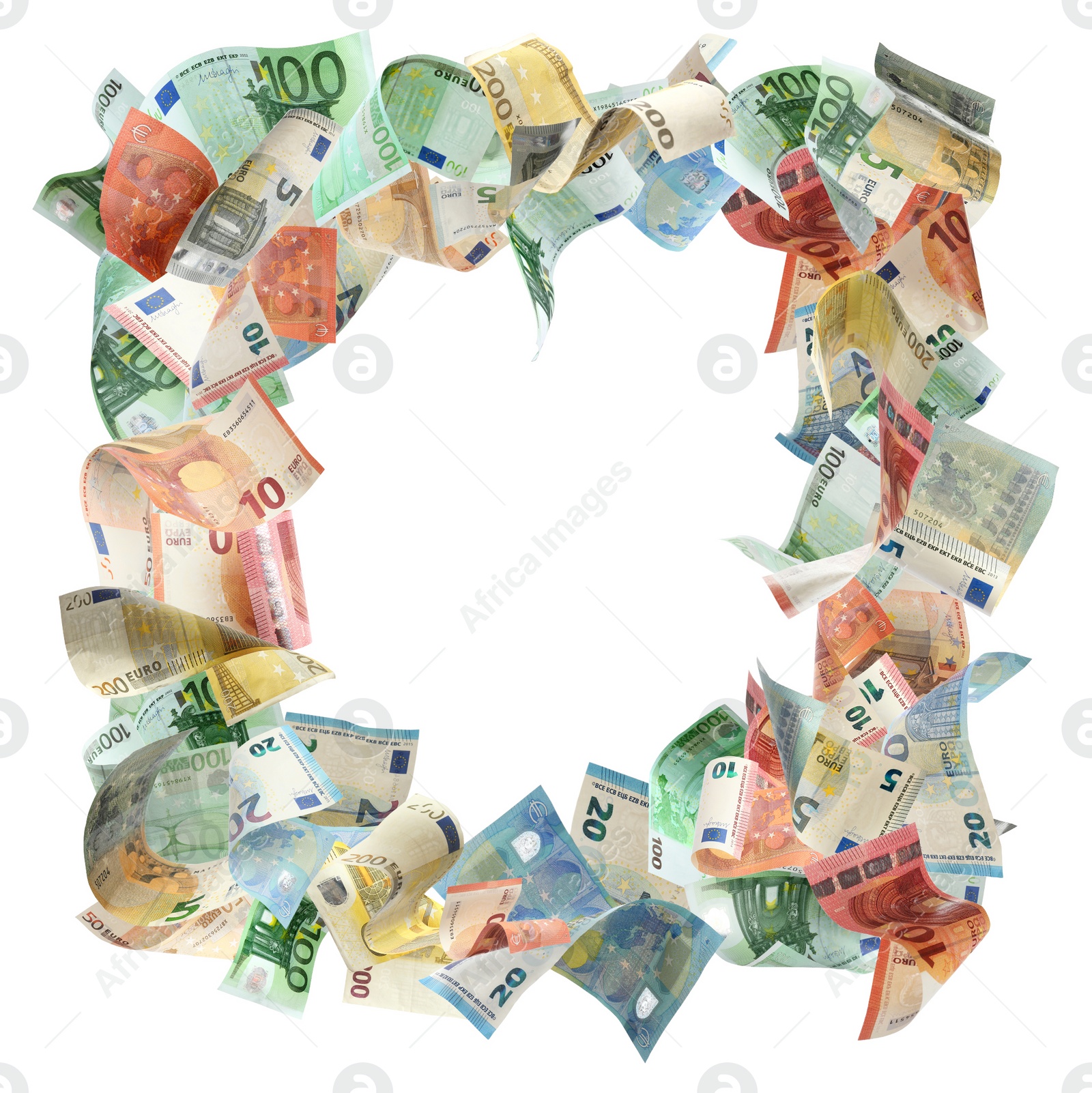 Image of Frame made of money on white background, space for text. Currency exchange