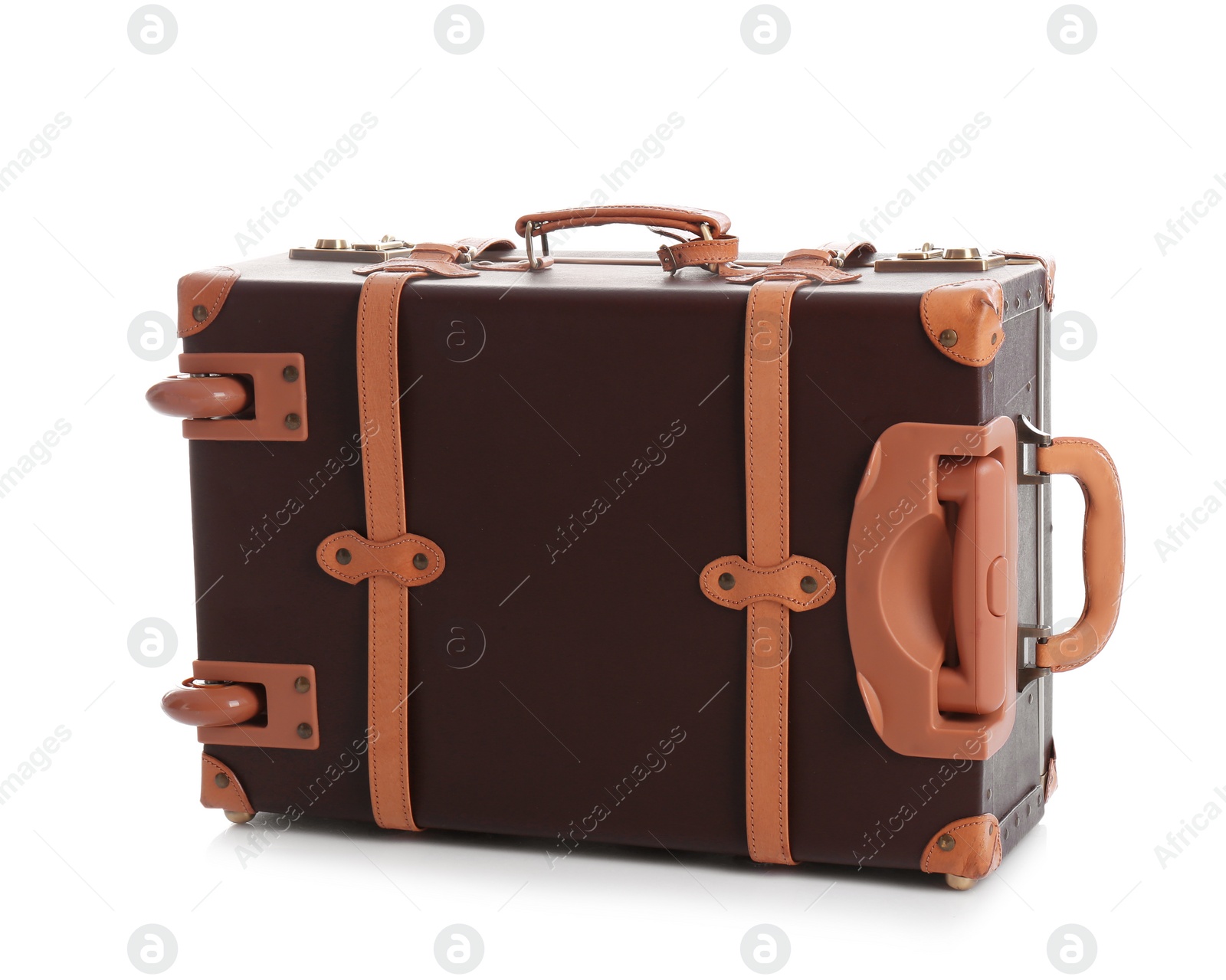 Photo of Fashionable brown suitcase on white background