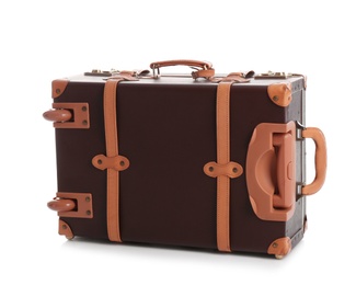 Photo of Fashionable brown suitcase on white background