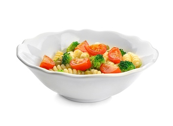 Tasty pasta salad with vegetables on white background