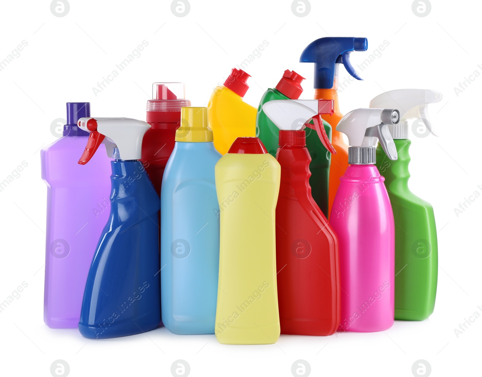 Photo of Bottles of different cleaning products isolated on white