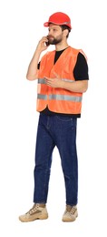 Photo of Man in reflective uniform talking on smartphone against white background