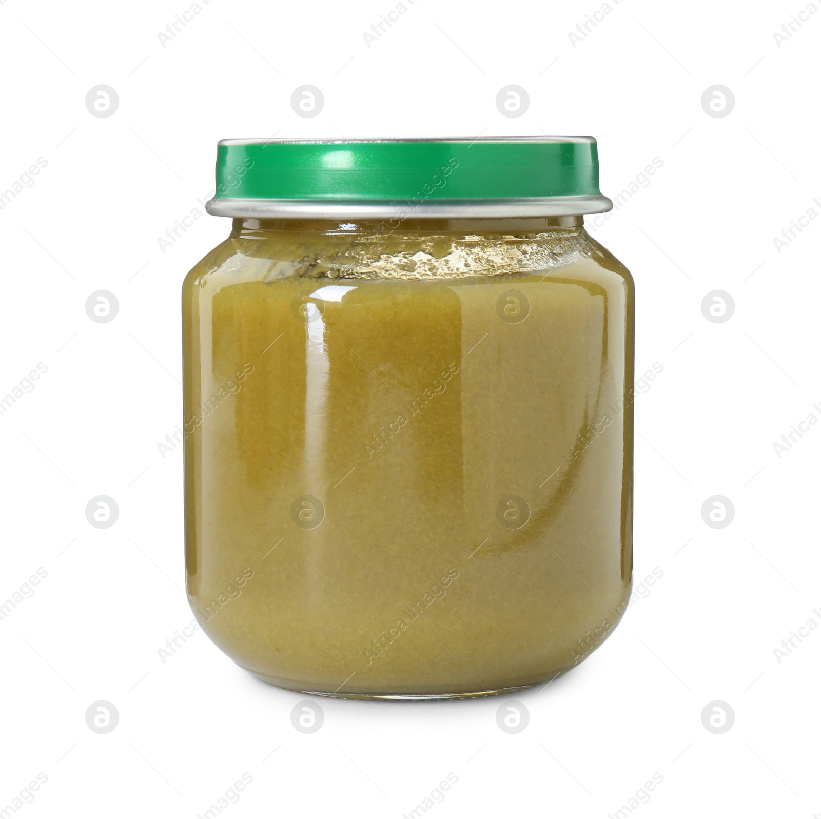 Photo of Baby food. Tasty healthy puree in jar isolated on white