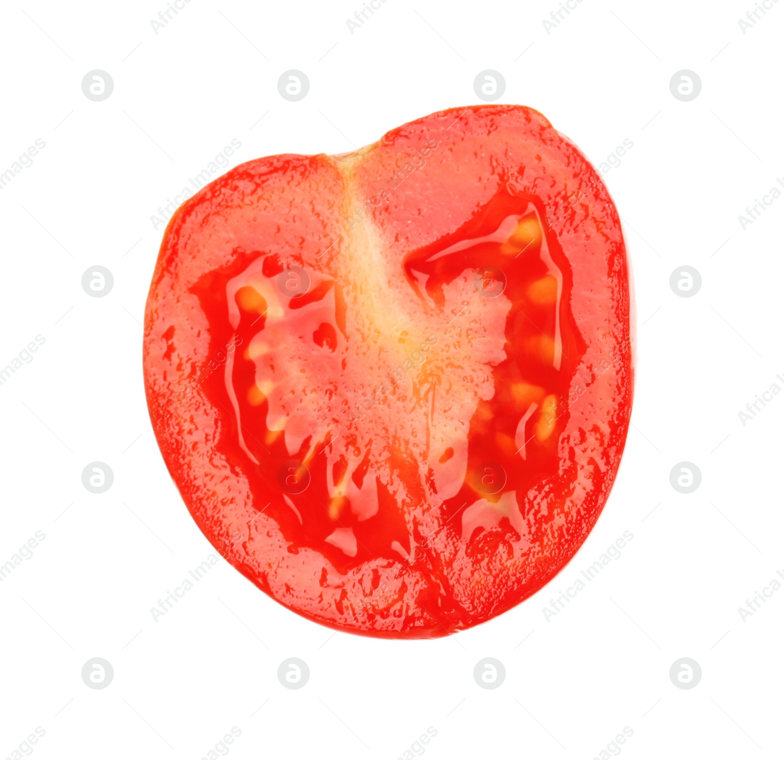 Photo of Slice of ripe tomato on white background