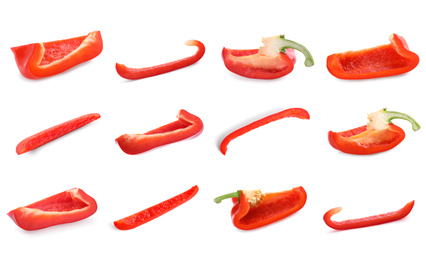 Image of Set of cut ripe red bell peppers on white background
