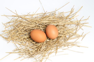 Chicken eggs and nest isolated on white, top view