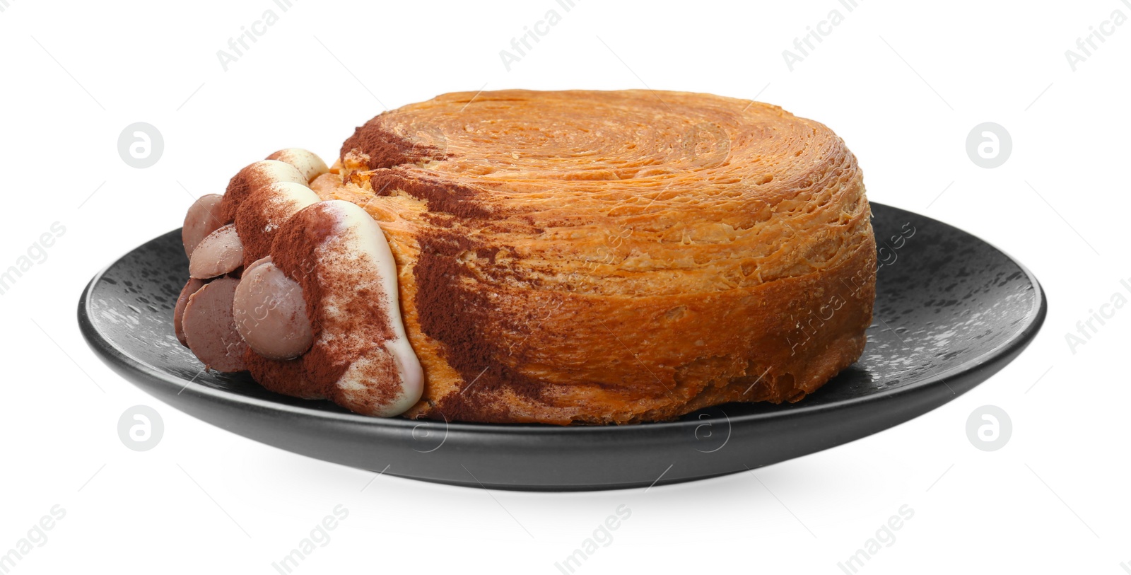 Photo of Round croissant with chocolate chips and cream isolated on white. Tasty puff pastry