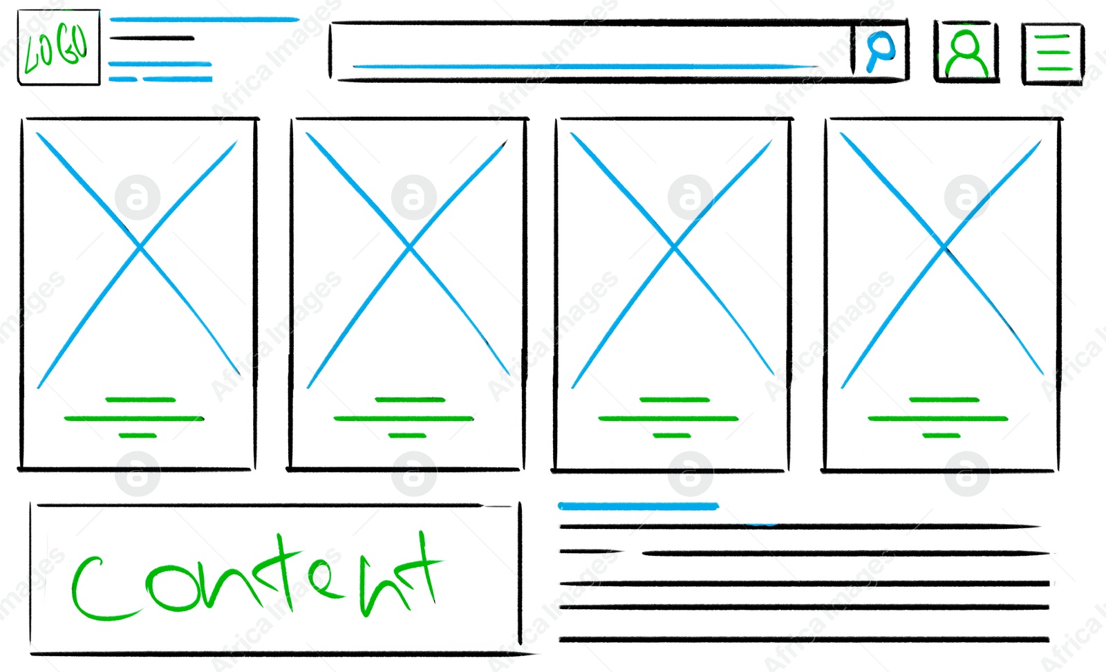 Image of Website design template, interface development. Wireframe with different elements on white background