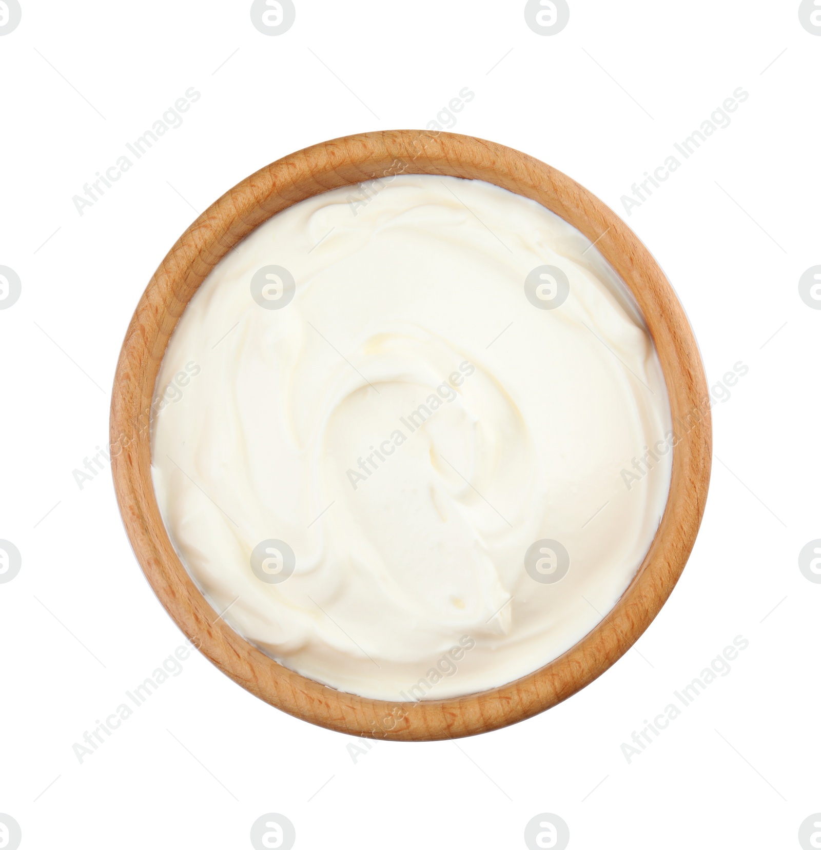 Photo of Bowl with sour cream on white background, top view