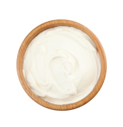 Bowl with sour cream on white background, top view